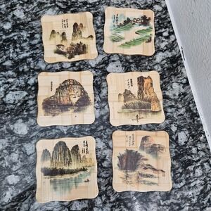 Vintage Bamboo Asian‎ Landscape Coaster 6 Set